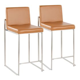 Fuji 26" Contemporary High Back Barstool in Stainless Steel and Camel Faux Leather by LumiSource - Set of 2