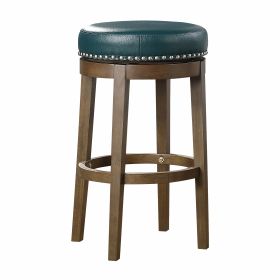 Round Swivel Bar Stools Set of 2, Green Faux Leather 360-degree Swivel Seat Nailhead Trim Solid Wood Frame Brown Finish Furniture