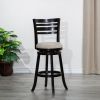 30" Bar Height Slat Back Swivel Stool, Espresso Finish, Beige Fabric Seat