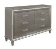 Silver Gray Metallic Finish Glam Style Dresser of 6 Drawers Wooden 1pc Modern Bedroom Furniture Acrylic Hardware Beveled Mirror Trim