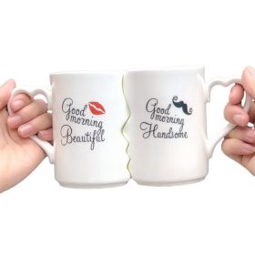 2 Pcs Valentine's Day Gift-Ceramic Couple Kiss Mugs Mr and Miss Couple Mugs (Color: Style 2)