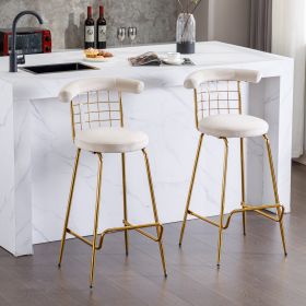 Bar Stool Set of 2, Luxury Velvet High Bar Stool with Metal Legs and Soft Back (Color: Beige)