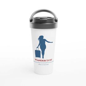 Wanderlust Explorer Stainless Steel Travel Mug Design By HadiArts (Color: White + Blue Art 15 Oz)