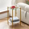 2-layer End Table with Tempered Glass and Marble Tabletop;  Round Coffee Table with  Metal Frame for Bedroom Living Room Office