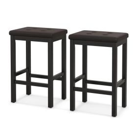 24" Bar Stools with Padded Seat Footrest and Rubber Wood Frame (Color: Brown)